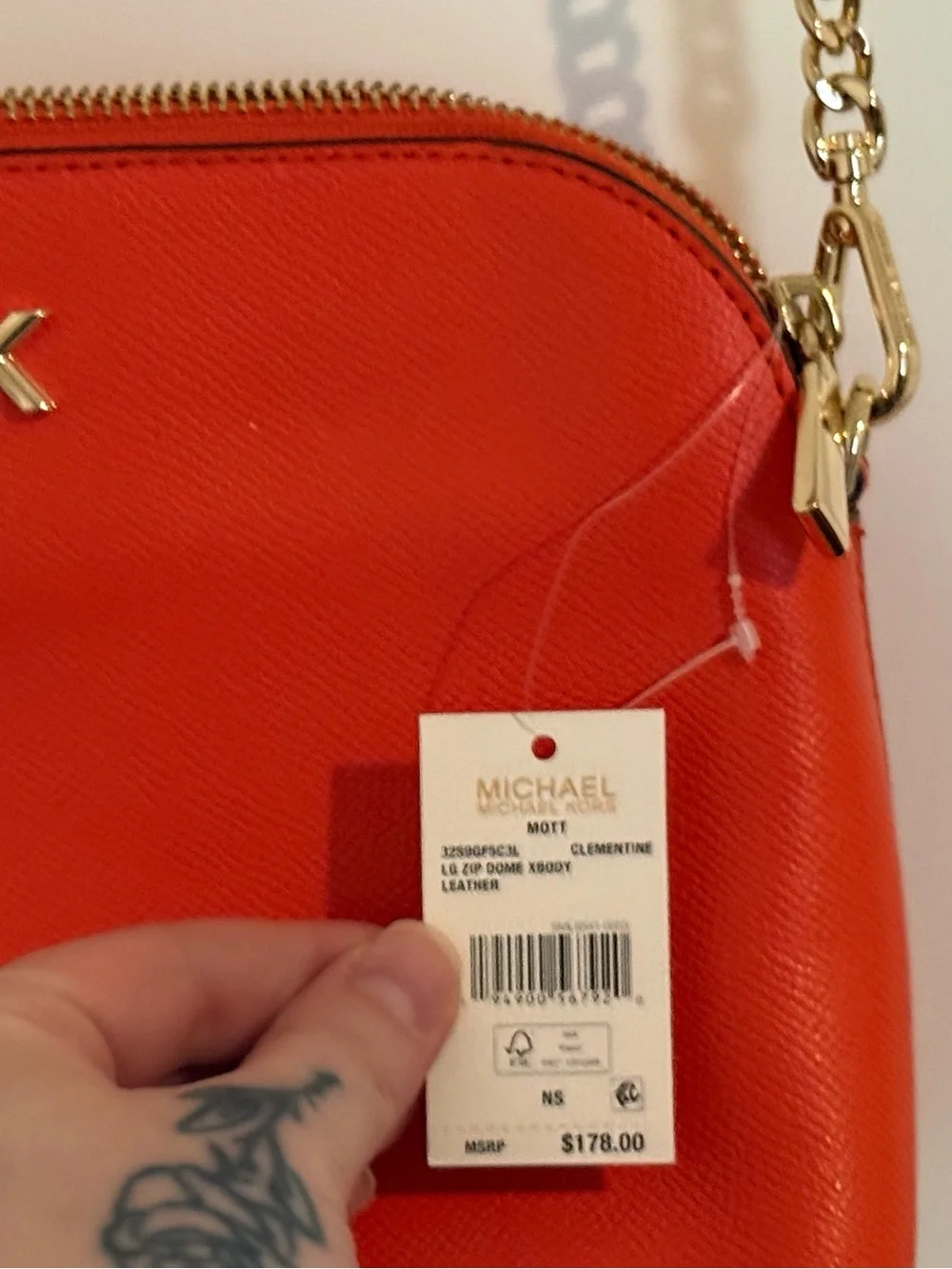 Michael Kors Tan-Orange Leather Dome Crossbody with Gold MK Logo